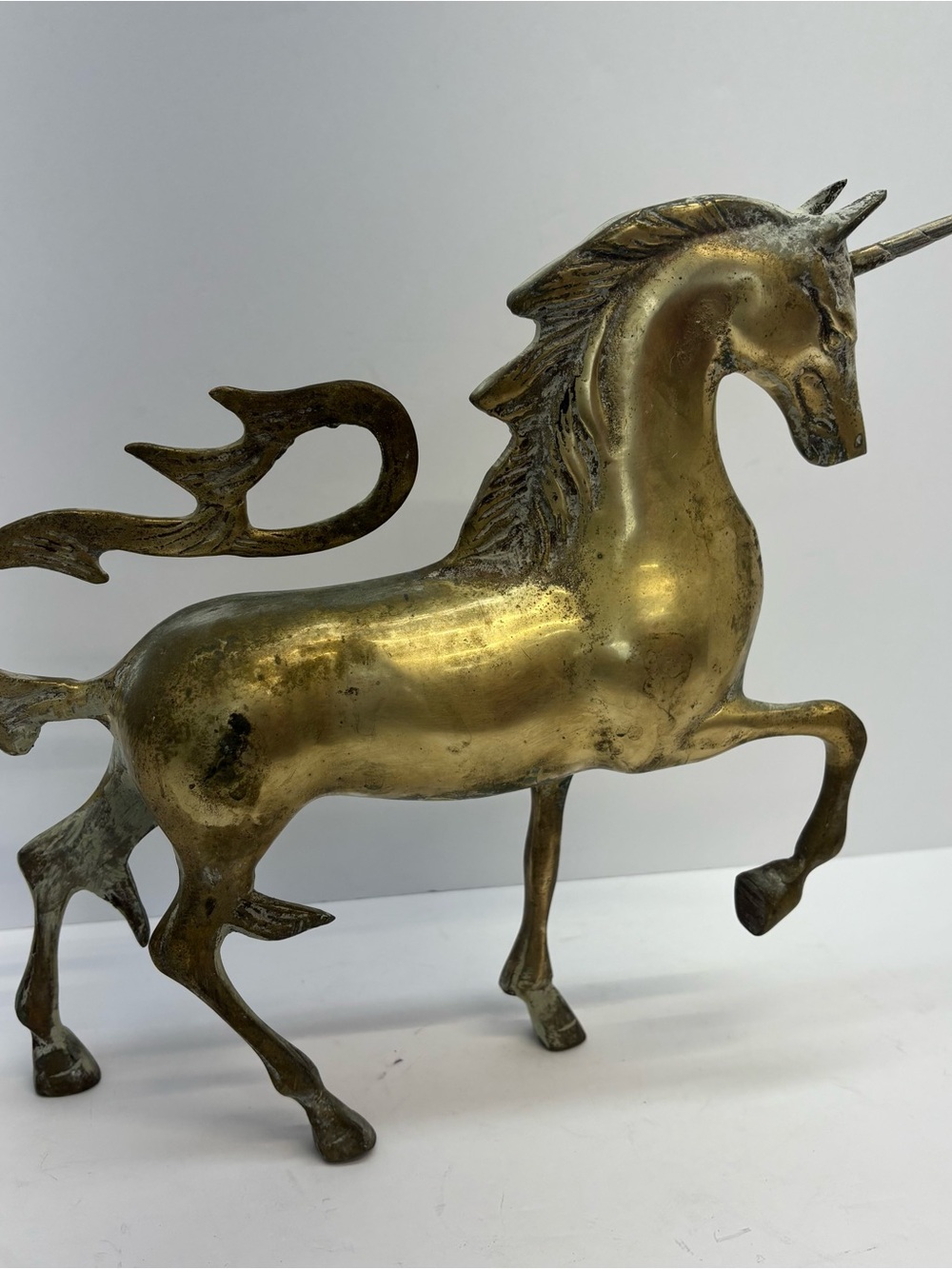 Vintage Solid Brass Unicorn Sculpture 11" Tall Figurine Statue Mythical Patina
